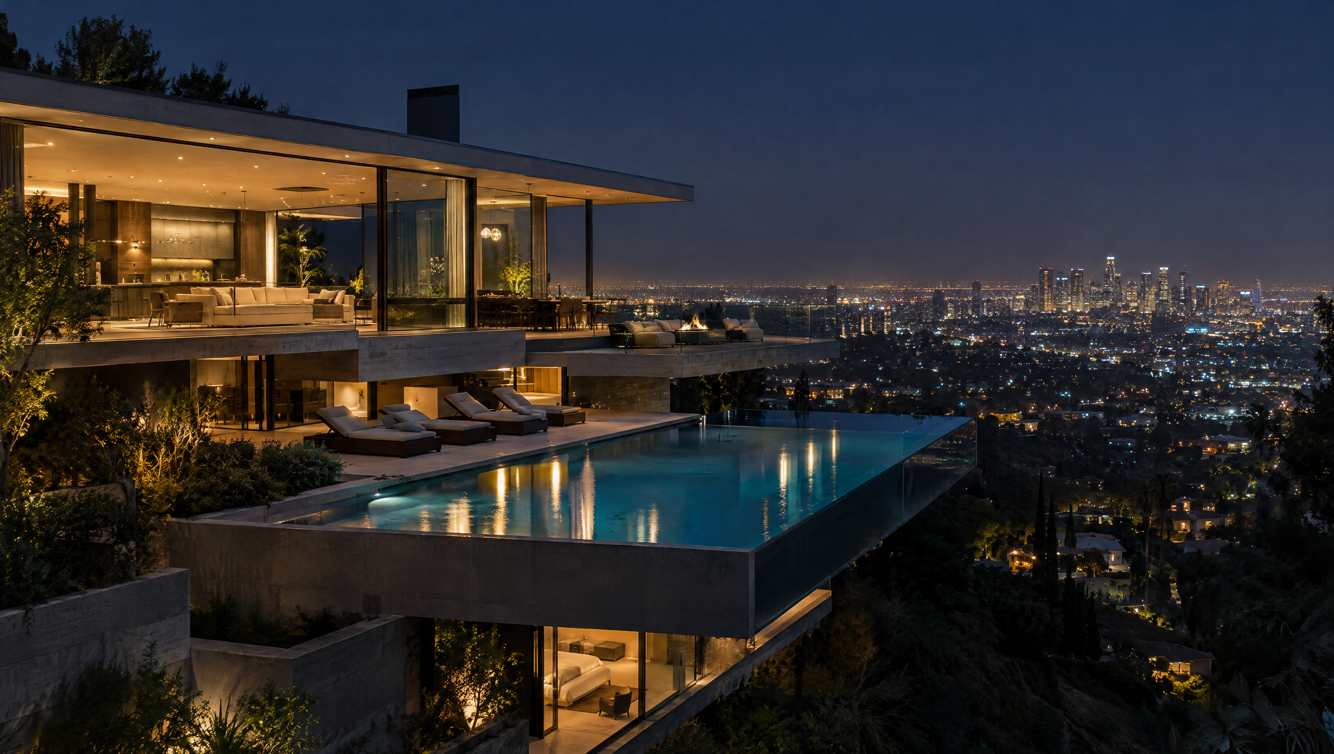 Glass hillside mansion at night above the lights of Los Angeles